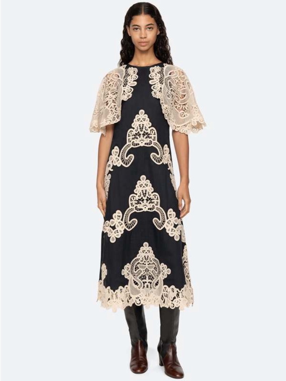 Sea New York Black Medina Cream Lace Appliqué Midi Dress NEW Size 10 $795 MSRP